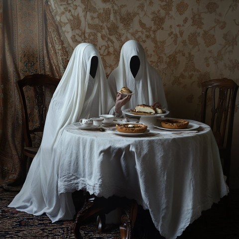 Ghostly Duo Enjoying Turkish Breakfast with Supernatural Aura