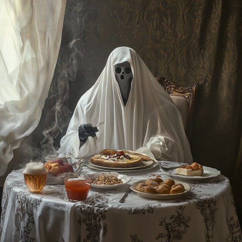 Ghostly Figures Enjoying Turkish Breakfast with Supernatural Charm