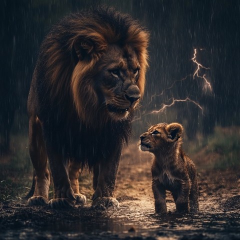 Baby Lion Leading with Father Lion in Thunderstorm