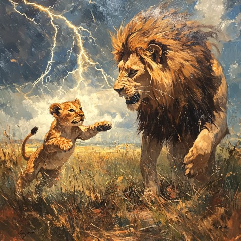 Baby Lion Leading with Father Lion Amidst Storm