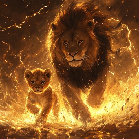 Baby Lion Leading with Father in Thunderstorm