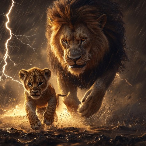 Baby Lion Leading with Father in a Stormy Scene