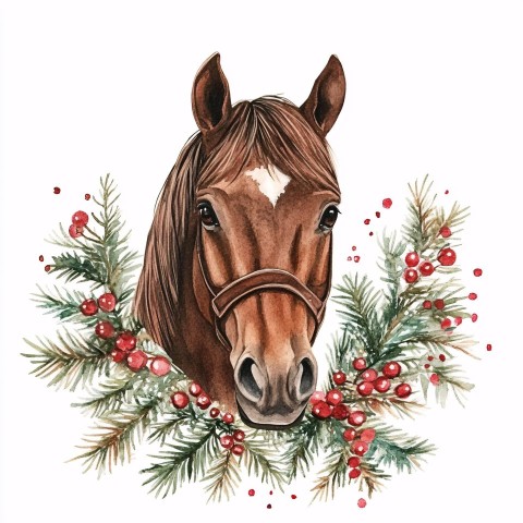 Watercolor Christmas Brown Horse Clipart