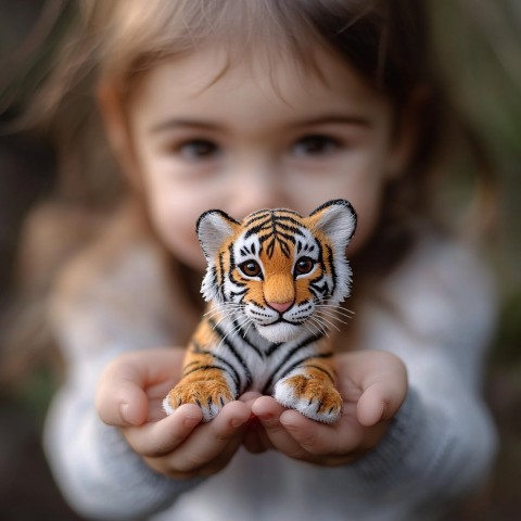 Child Holding Miniature Tiger in Palms Close-Up