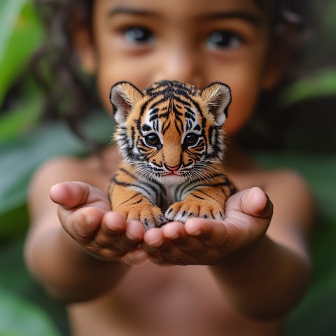 Child Holding Miniature Tiger in Open Hands