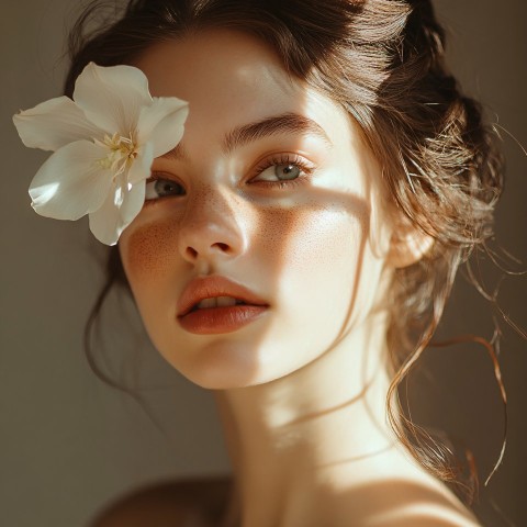 Gentle Portrait of Woman with Flower and Eye Patches