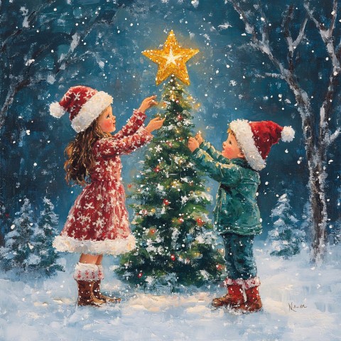 Children Adding Star to Christmas Tree in Winter Wonderland