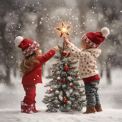 Kids Decorating Christmas Tree in Winter Wonderland