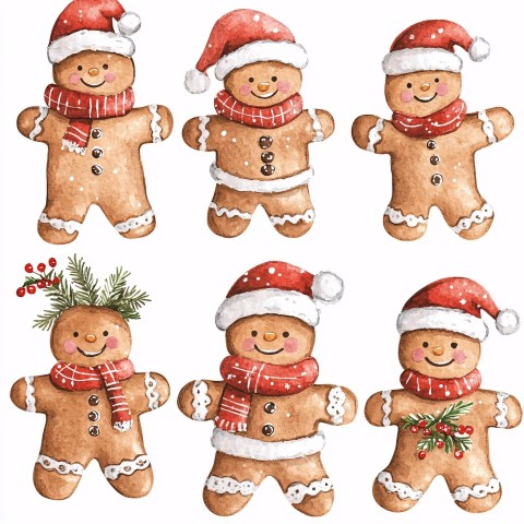 Watercolor Christmas Gingerbread Man Clipart in Various Poses