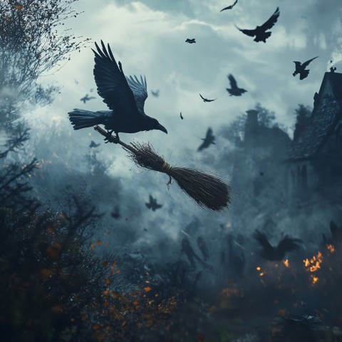 Magical Broom Flying Amid Crows in Foggy Scene