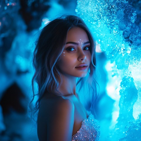 Girl in Glittering Dress on Winter Ice Background