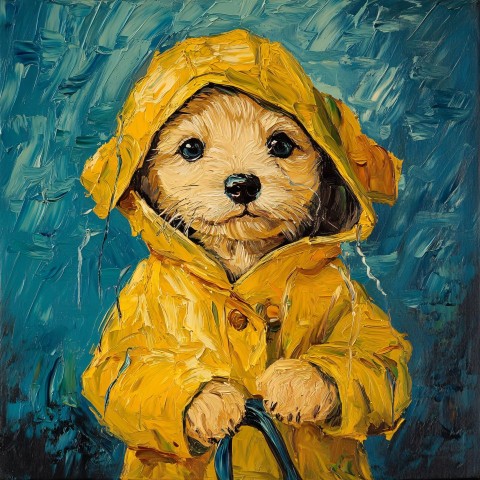 Puppy in Raincoat in Van Gogh Style Painting