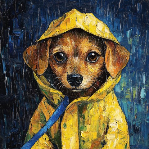 Puppy in Raincoat Painted in Van Gogh Style