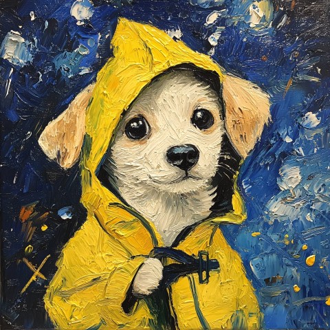 Dog Van Gogh Style Painting of Puppy in Raincoat