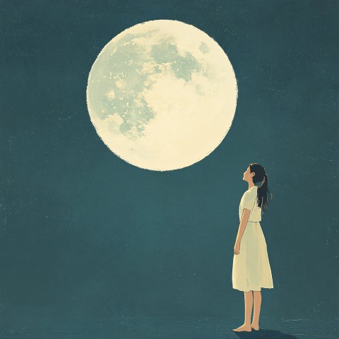 Woman Standing Under Moon, Looking Toward Future