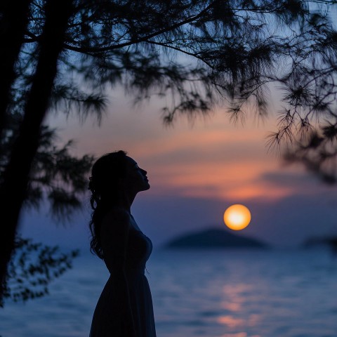 Silhouette of Asian Woman by Moonlit Seaside Forest