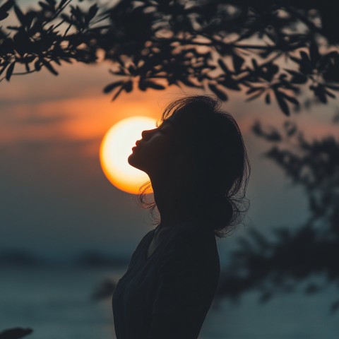 Silhouette of Asian Woman with Moonlit Seaside Forest