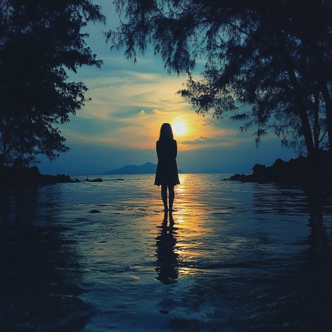 Silhouette of Asian Woman with Moonlit Seaside Forest