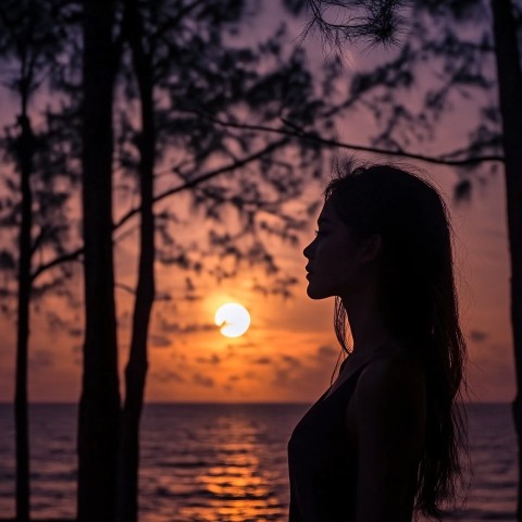 Silhouette of Asian Woman by Moonlit Seaside Forest