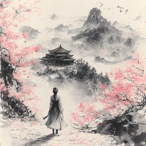 Sketch of Princess Amid Sakura Landscape