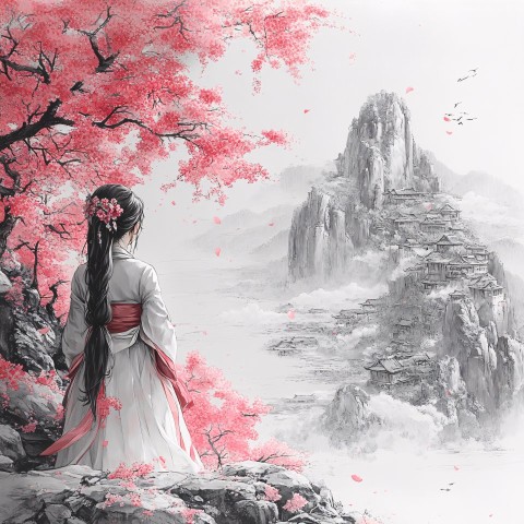 Princess in Sakura Landscape Digital Pencil Sketch