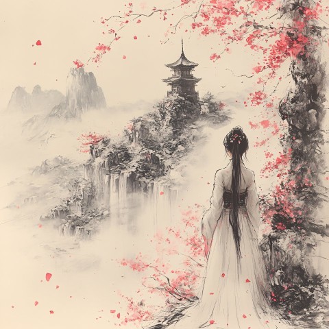 Princess in Sakura Landscape Digital Pencil Sketch