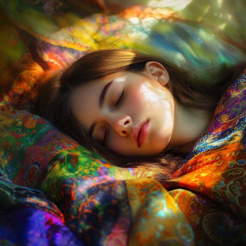 Girl Resting Wrapped in a Colorful Blanket