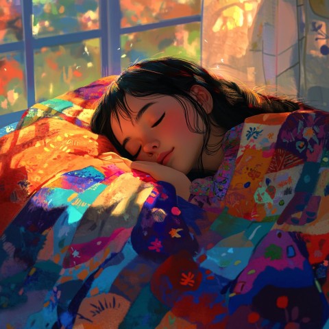 Girl Wrapped in Colorful Blanket Resting Peacefully