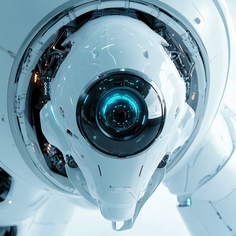 Futuristic Robot Close-Up with Space Portal and White Background
