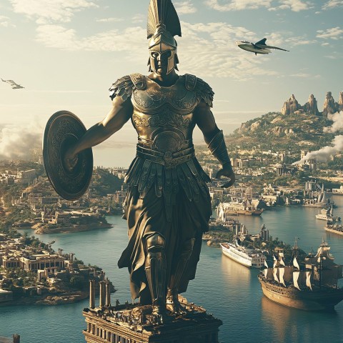 Greek Warrior Statue Over Ancient Floating City