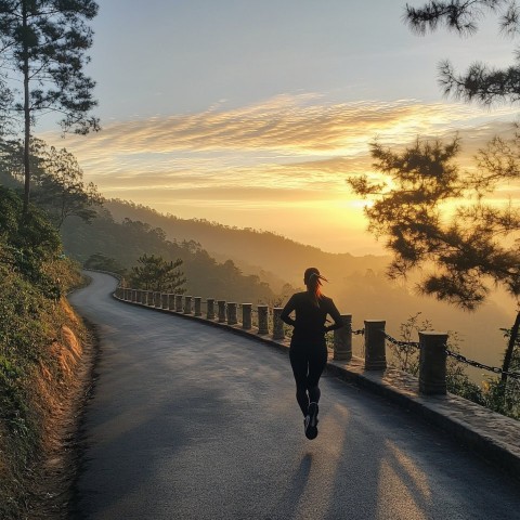 Jogger on Scenic Road at Sunrise with Golden Light