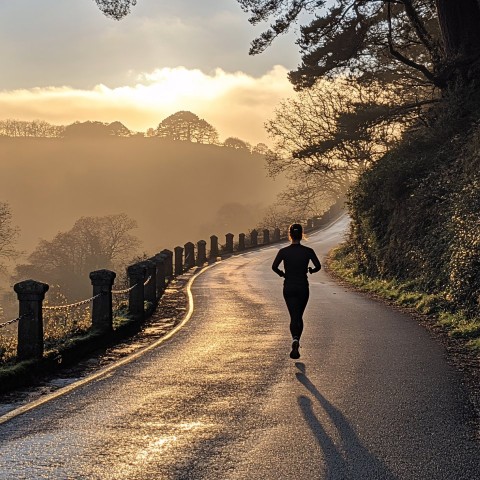 Jogger on Scenic Road at Sunrise with Golden Glow