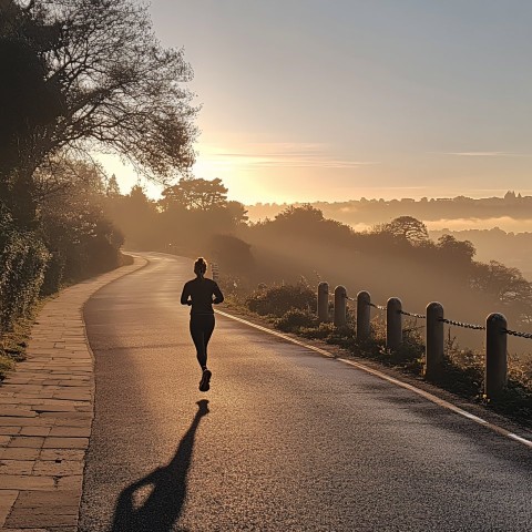 Jogger on Scenic Road with Sunrise Glow