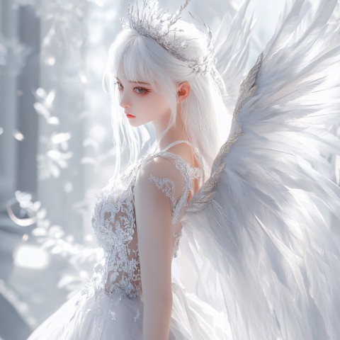 Angelic Woman in White Long Dress with Silver Eyes