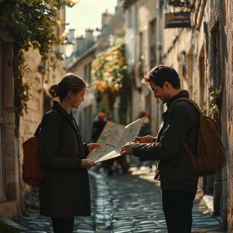 Happy Group Playing Escape Game in French Town Square