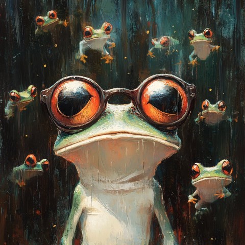 Lonely Frog with Glasses Watching Frogs Play Together