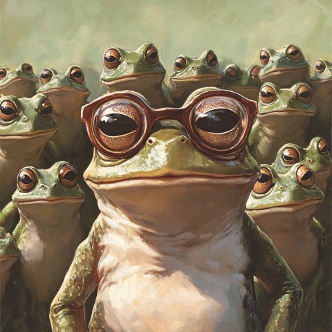 Lonely Frog Wearing Glasses Watching Frogs Having Fun