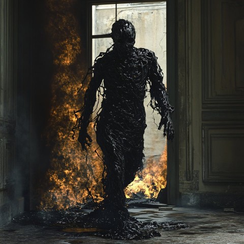 The Inky Black Figure Emerging from Burning Building