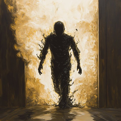 Inky Black Humanoid Emerging From Burning Building