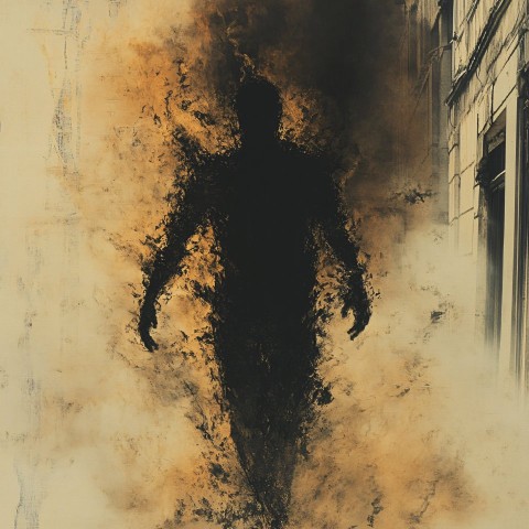 Inky Black Humanoid Emerging From Burning Building