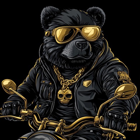 Biker Bear Cartoon in Black and Gold HipHop Style