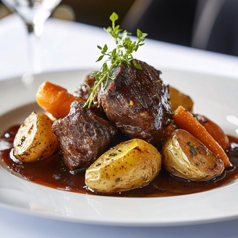 Tender Slow-Cooked Beef with Baked Potatoes and Carrots