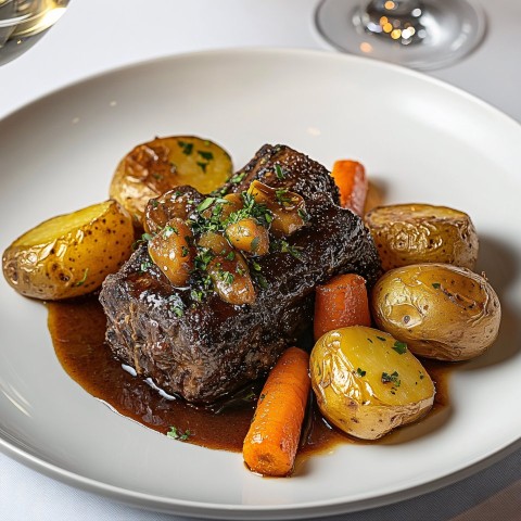 Slow-Cooked Beef with Baked Potatoes and Carrots