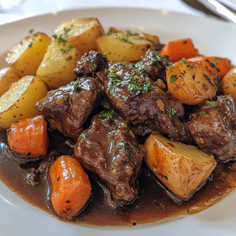 Slow-Cooked Beef with Baked Potatoes and Carrots