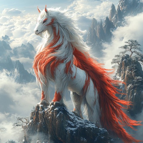 Lu Shu Horse on Mountain Peak in Mist