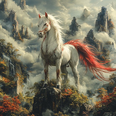 Mythical Horse on Misty Mountain Peak