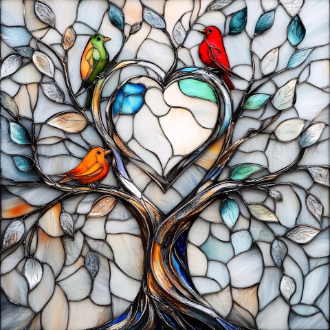 Glass Tree Art with Colorful Birds