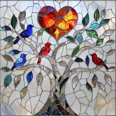 Stained Glass Tree Art with Colorful Birds Design