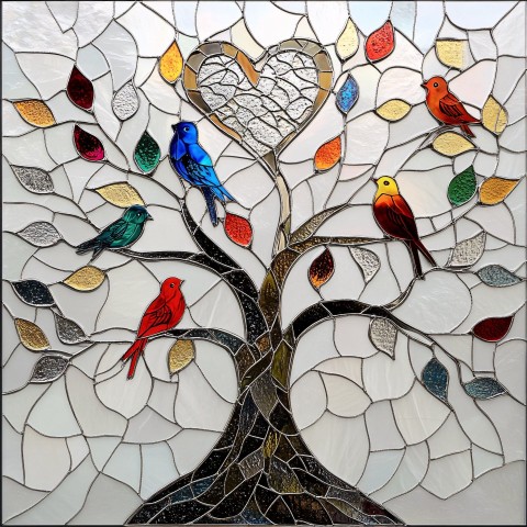 Stained Glass Tree Art with Colorful Birds and Flowers