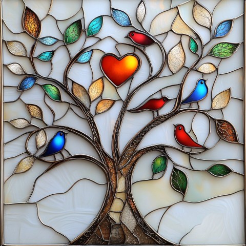 Stained Glass Tree with Colorful Birds and Flowers